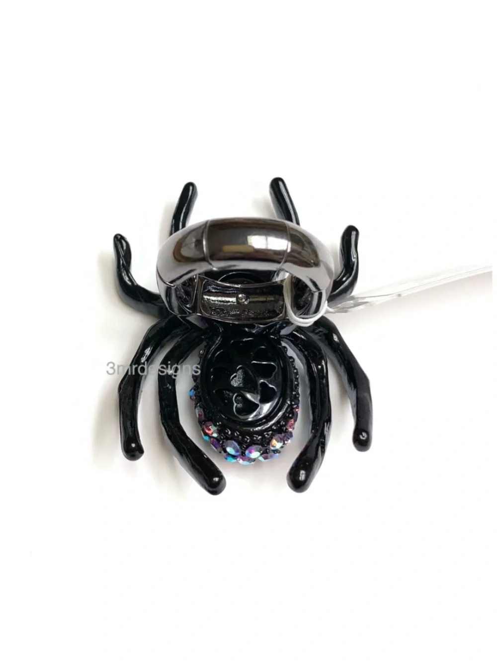 NWT Betsey Johnson 💋BLACK SPIDER Hematite Tone Iridescent Stones Stretch Ring